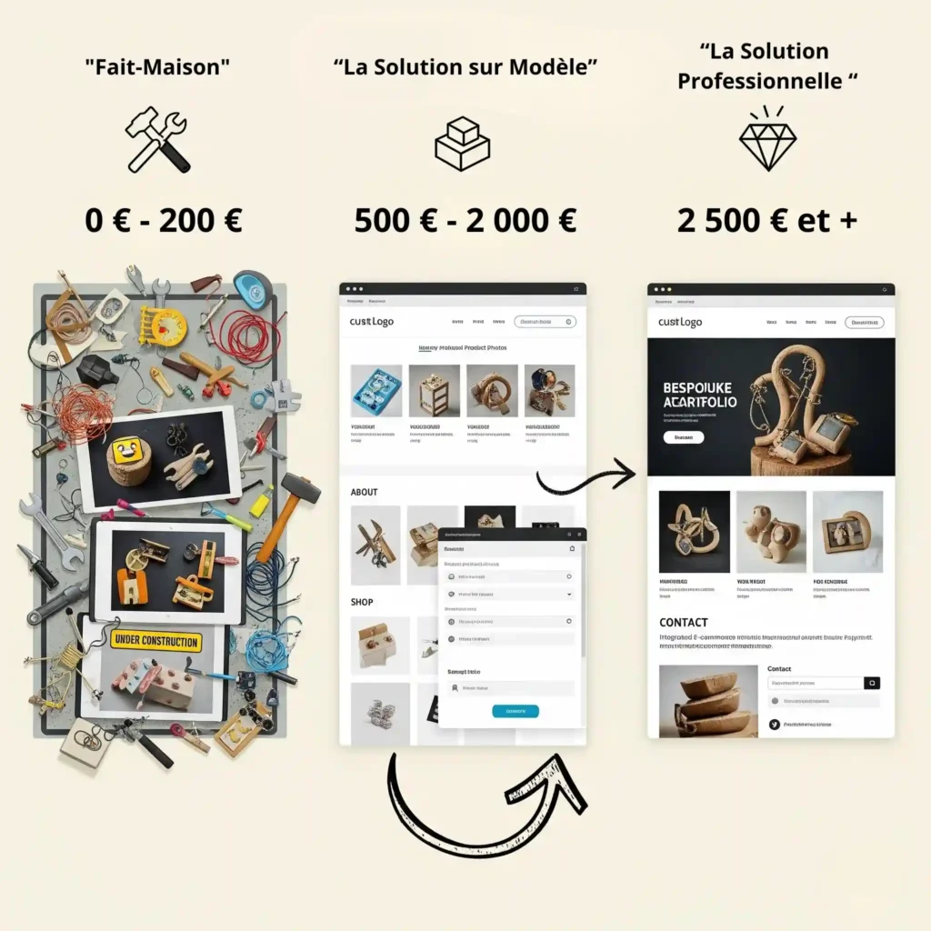 Infographie comparant le prix d'un site web pour artisan selon trois options : Fait-Maison à bas coût, sur Modèle à coût moyen, et Professionnel sur mesure.